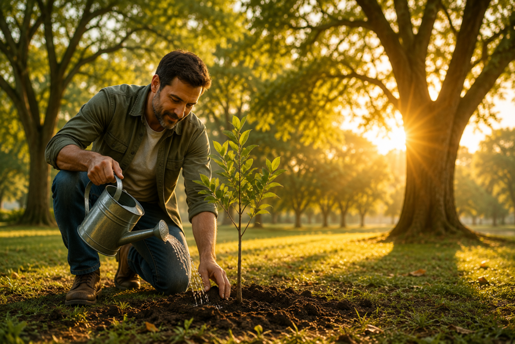 Persona plantando un árbol como símbolo del crecimiento financiero y la construcción de riqueza a largo plazo.