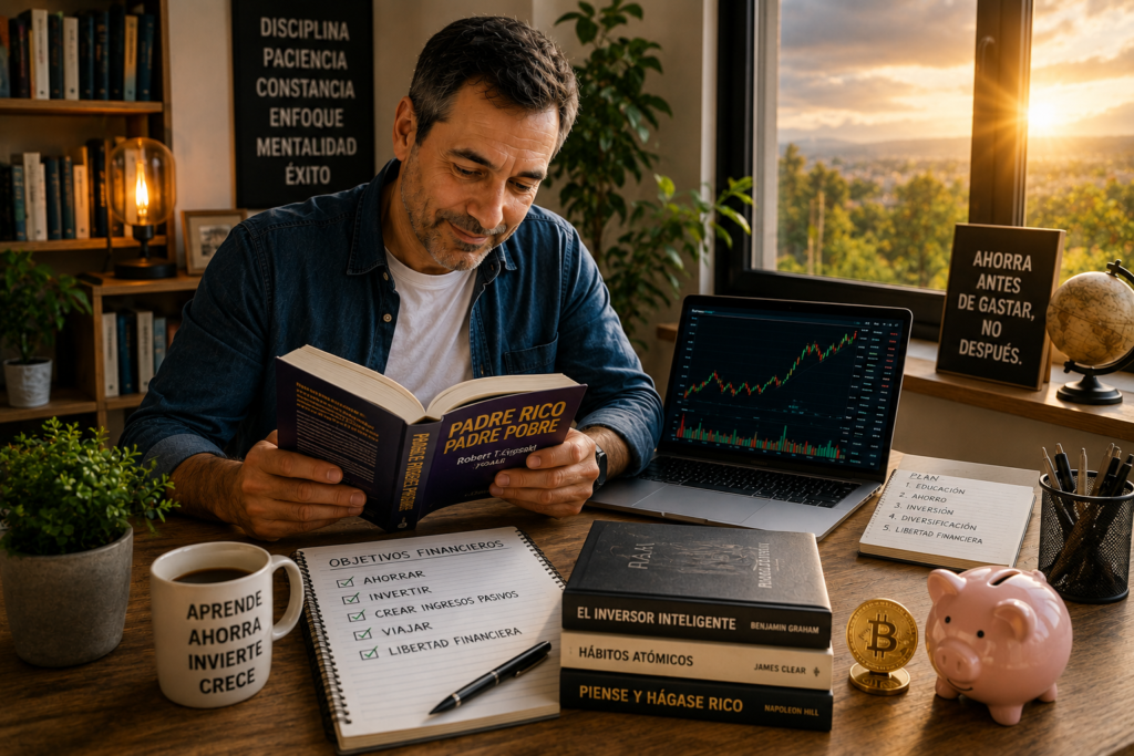 Persona aprendiendo educación financiera para construir un entorno favorable hacia la libertad financiera.