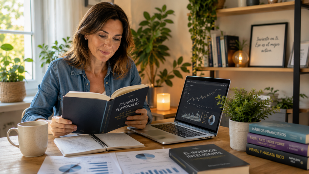 Mujer aprendiendo educación financiera antes de comenzar a invertir su dinero.