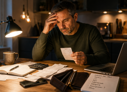 Persona preocupada revisando sus gastos y descubriendo el hábito silencioso que está destruyendo sus finanzas personales.