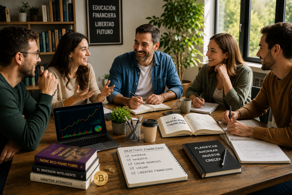 Grupo de personas hablando sobre ahorro, inversión y educación financiera en un entorno positivo.