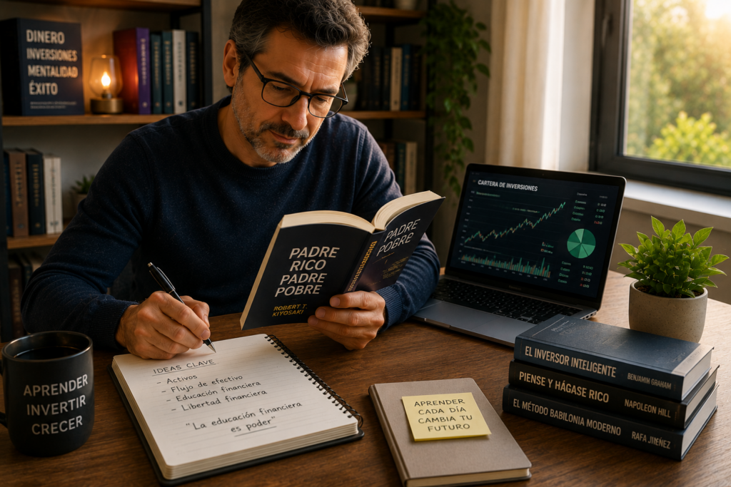 Persona aprendiendo educación financiera como parte de sus hábitos diarios para mejorar su economía.