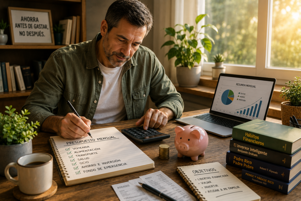 Persona organizando su presupuesto mensual para desarrollar hábitos de consumo inteligente y mejorar sus finanzas personales.