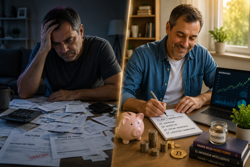 Comparación entre una mentalidad de víctima y una mentalidad de crecimiento aplicada a las finanzas personales.