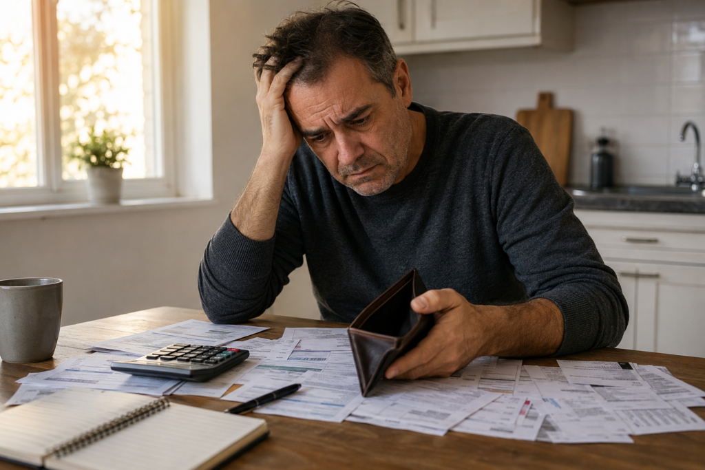 Hombre preocupado revisando facturas mientras reflexiona sobre cómo la mentalidad de víctima afecta a sus finanzas personales.