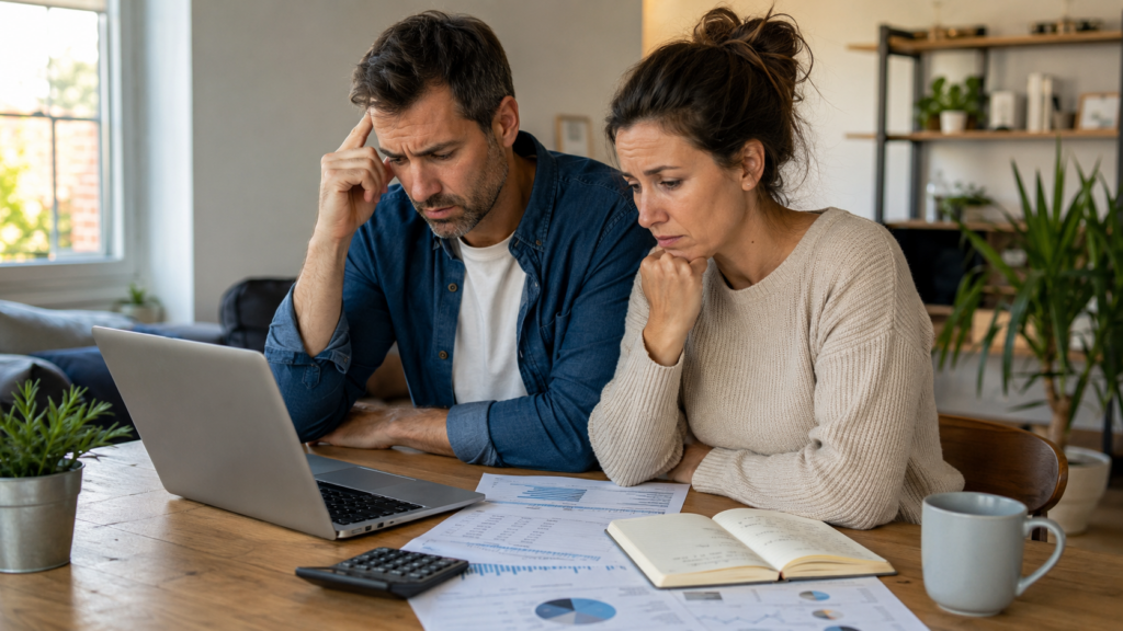 Pareja analizando sus primeras inversiones con dudas y miedo antes de comenzar a invertir.