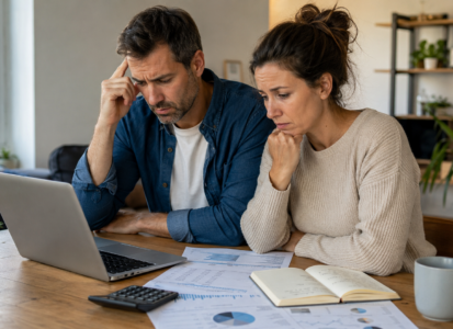 Pareja analizando sus primeras inversiones con dudas y miedo antes de comenzar a invertir.