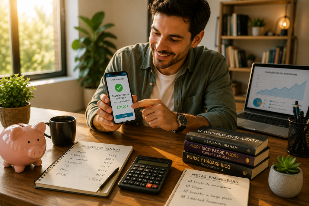 Persona ahorrando automáticamente una parte de sus ingresos antes de realizar otros gastos.