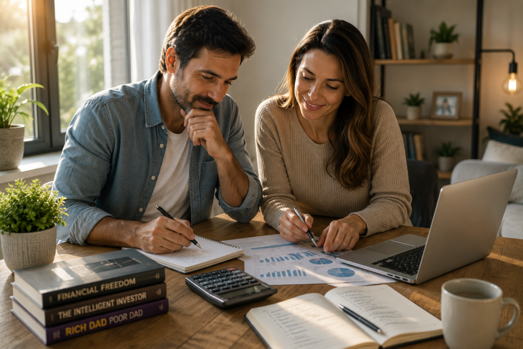 Pareja planificando sus finanzas personales para construir riqueza y alcanzar la libertad financiera.