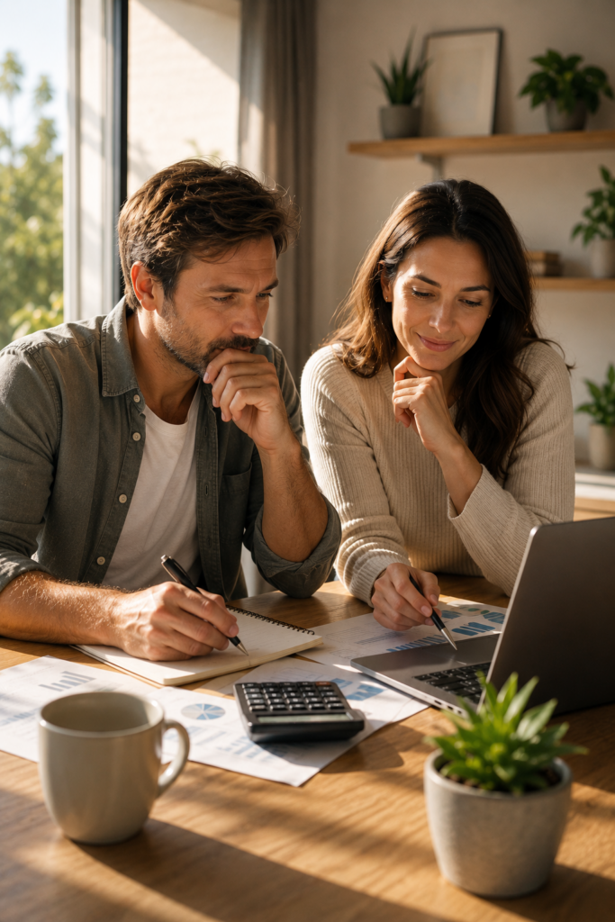 Pareja analizando sus primeras inversiones con dudas y miedo antes de comenzar a invertir.