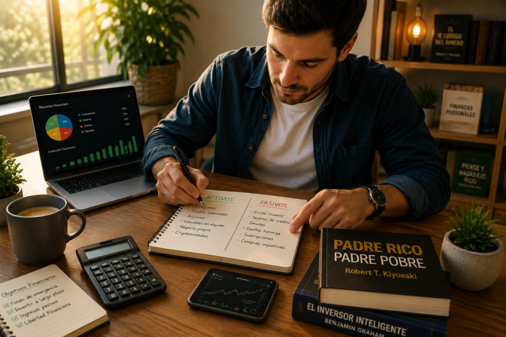 Persona aprendiendo a diferenciar entre activos y pasivos mientras organiza sus finanzas personales.