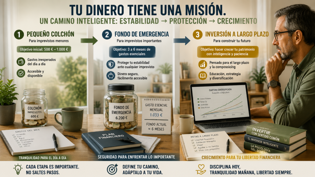 Recorrido financiero desde un pequeño ahorro hasta un fondo de emergencia y posteriormente una inversión responsable a largo plazo.