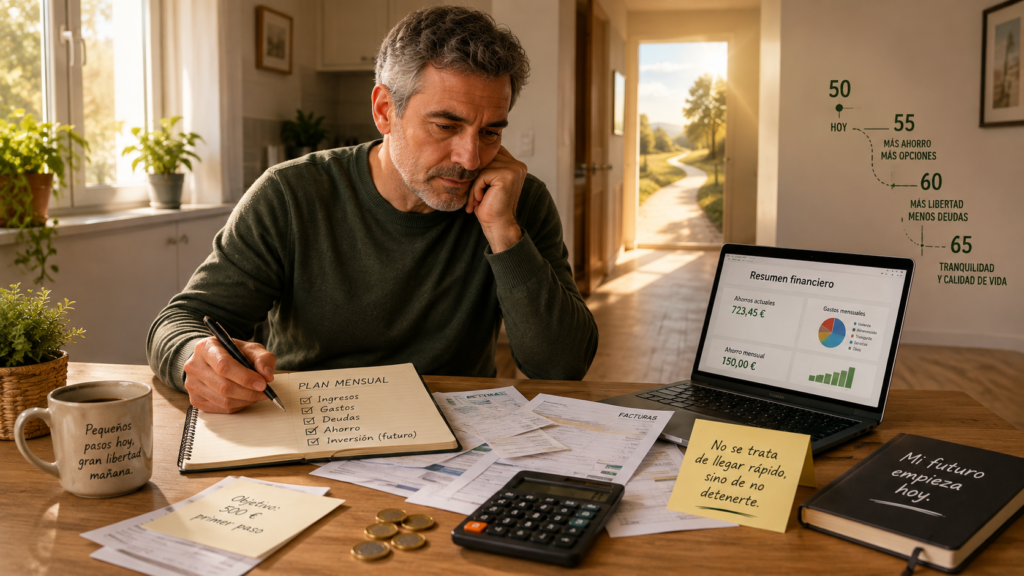 Hombre de más de 50 años revisando sus finanzas y comenzando un plan de ahorro para mejorar su futuro económico.