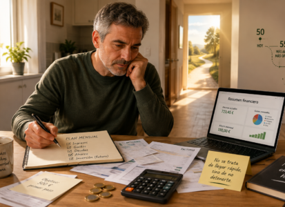 Hombre de más de 50 años revisando sus finanzas y comenzando un plan de ahorro para mejorar su futuro económico.