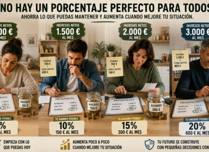 Personas con diferentes niveles de ingresos comparando distintos porcentajes para decidir cuánto dinero ahorrar cada mes.