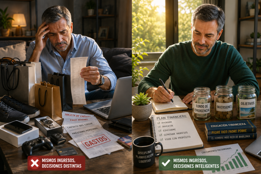Dos personas con el mismo salario tomando decisiones financieras completamente distintas.
