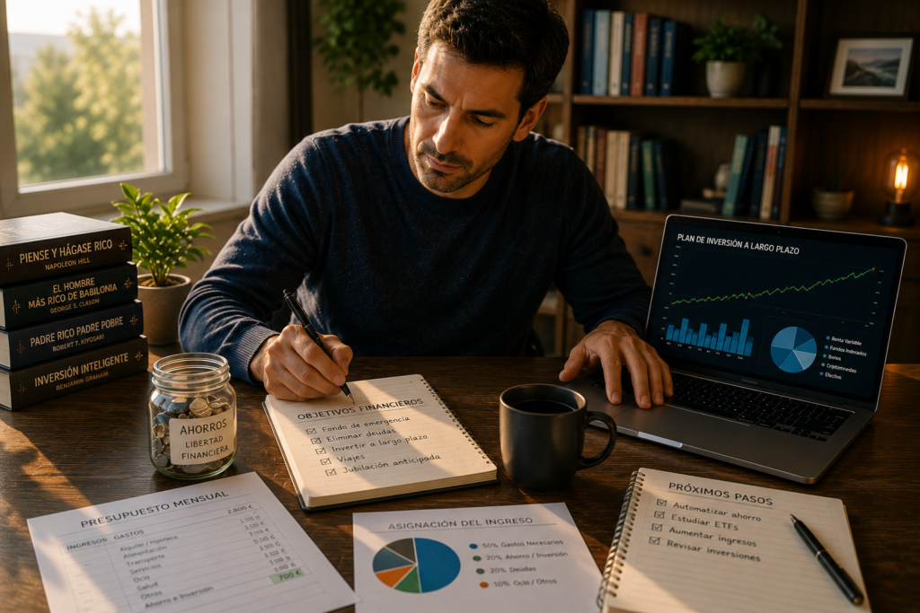Persona definiendo objetivos financieros y creando un plan para mejorar su futuro económico.