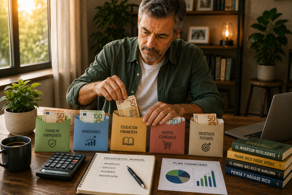 Persona organizando sus ingresos entre ahorro, inversión y gastos esenciales.