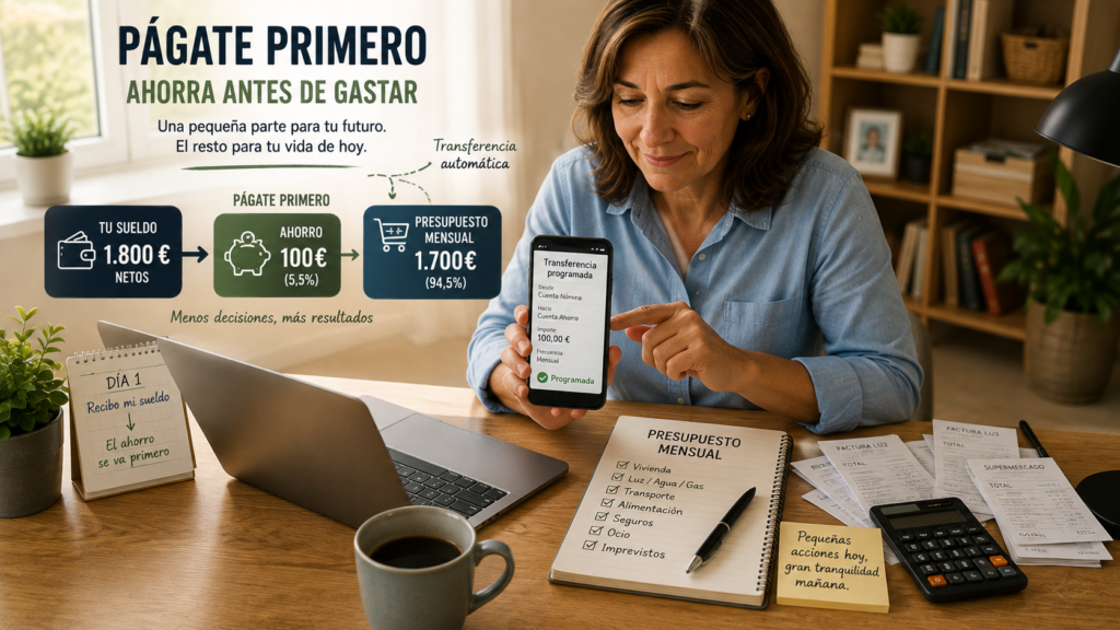 Persona programando una transferencia automática para separar una parte de su sueldo como ahorro al principio de cada mes.