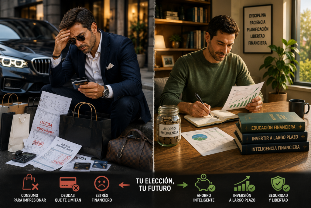 Comparación entre aparentar riqueza mediante consumo de lujo y construir patrimonio mediante ahorro e inversión.