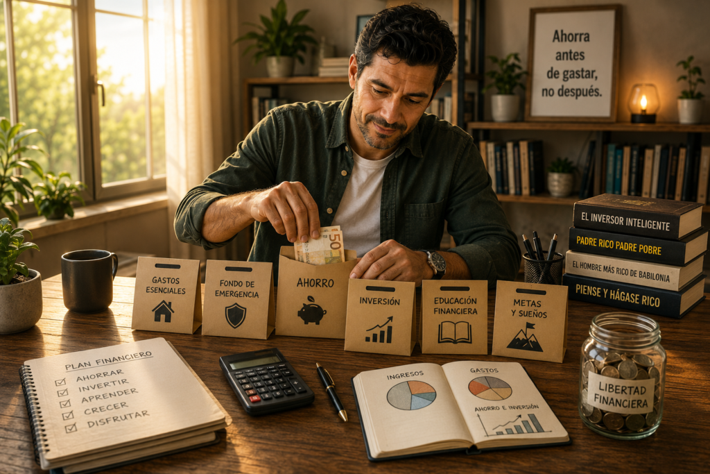 Persona organizando sus ingresos entre ahorro, gastos, educación financiera e inversión.