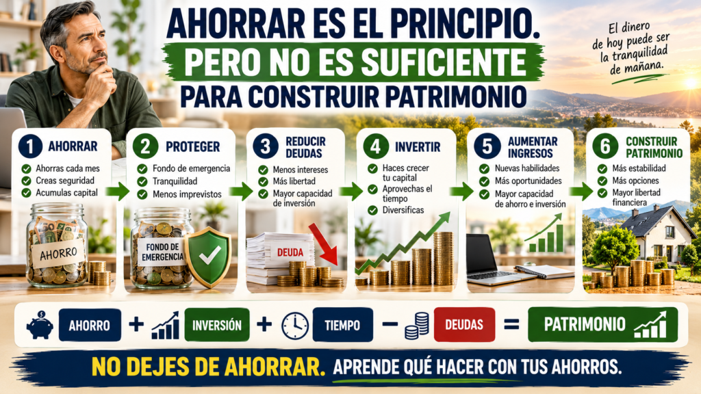 Infografía que muestra cómo pasar del ahorro a la inversión y la construcción de patrimonio a largo plazo.