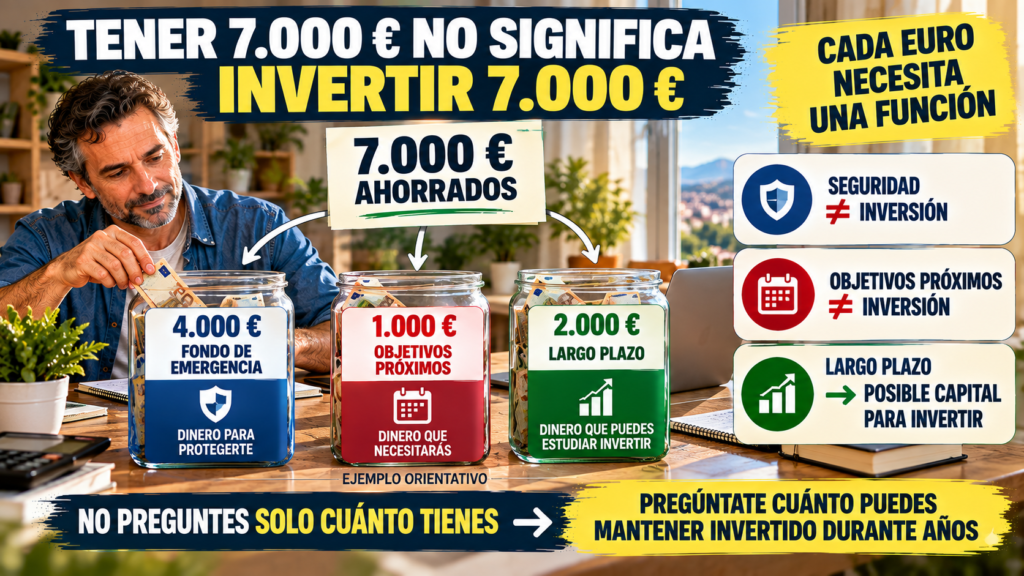 Ejemplo de cómo separar 7.000 euros entre fondo de emergencia, objetivos próximos y dinero disponible para inversión a largo plazo.