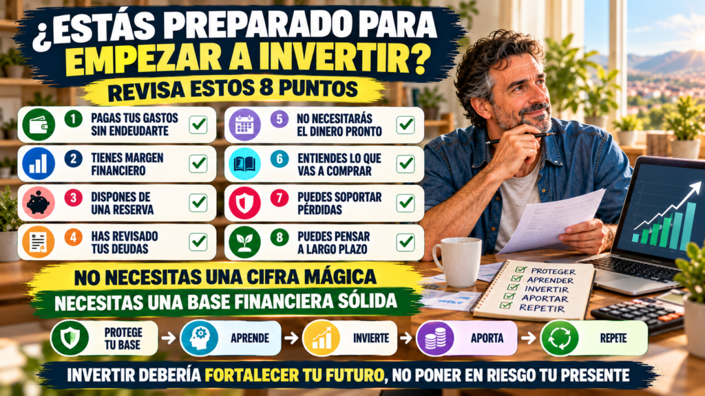 Lista de ocho puntos para comprobar si tus finanzas están preparadas antes de empezar a invertir.
