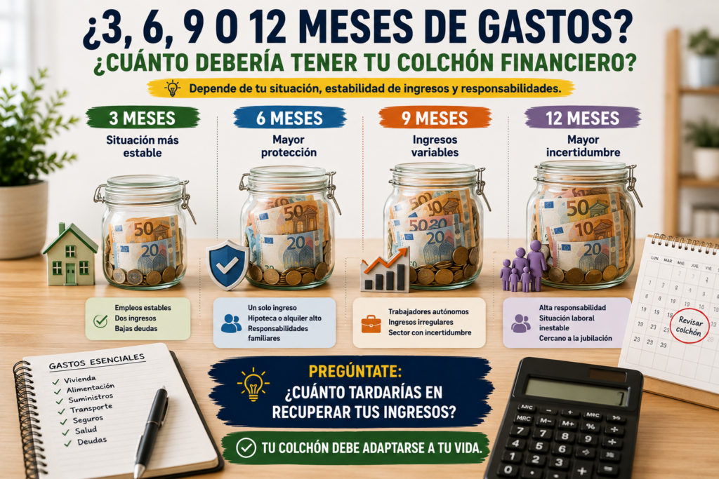 Comparación visual de un colchón financiero para cubrir 3, 6, 9 o 12 meses de gastos esenciales.