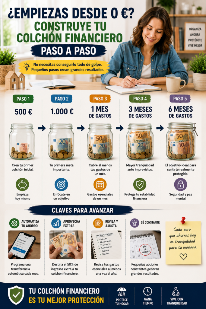 Proceso para construir un colchón financiero progresivamente desde los primeros ahorros hasta varios meses de gastos.