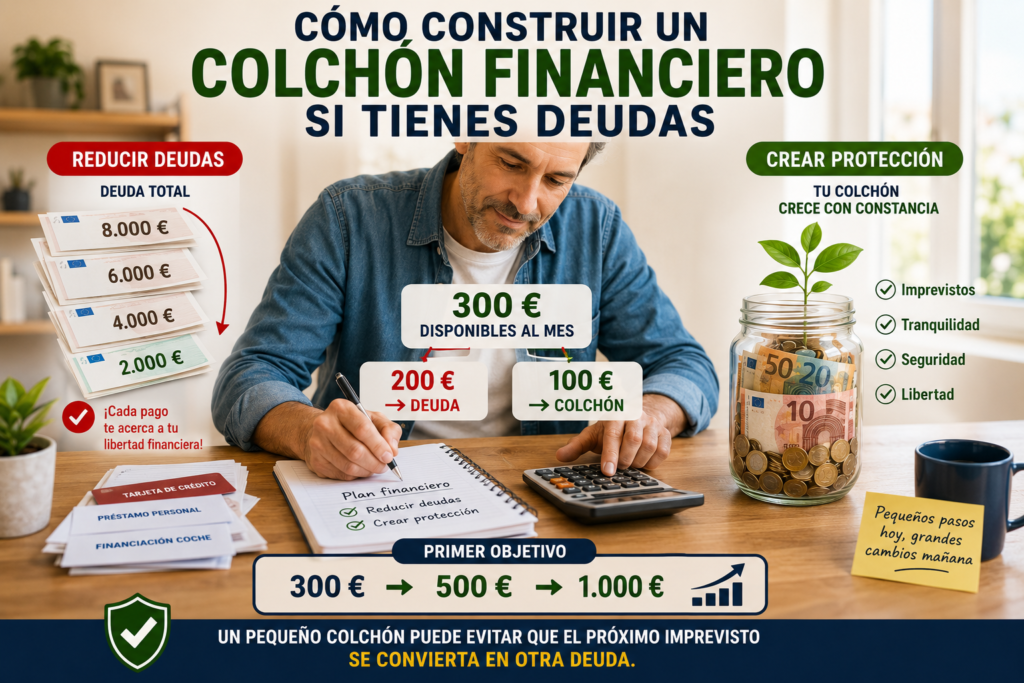Persona construyendo un colchón financiero mientras reduce sus deudas y organiza sus finanzas personales.
