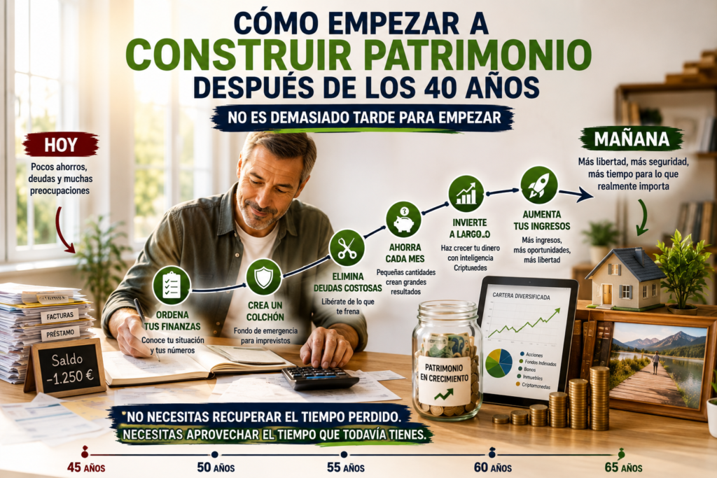 Persona mayor de 40 años organizando sus finanzas para empezar a ahorrar, invertir y construir patrimonio a largo plazo.