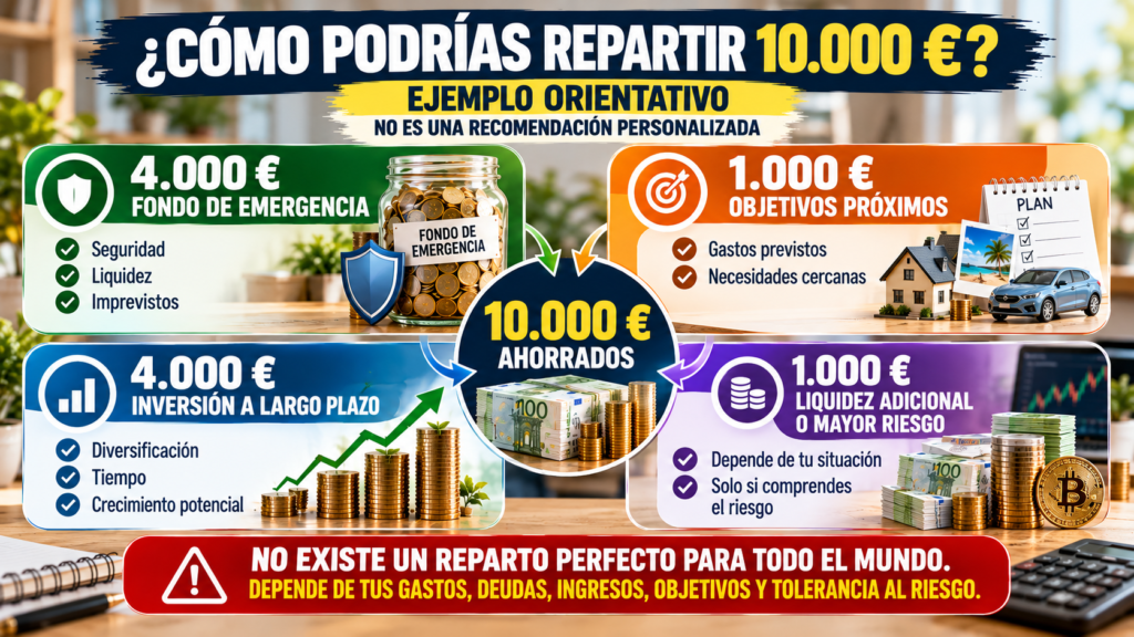 Ejemplo orientativo de cómo repartir 10.000 euros entre fondo de emergencia, objetivos, inversión y liquidez.