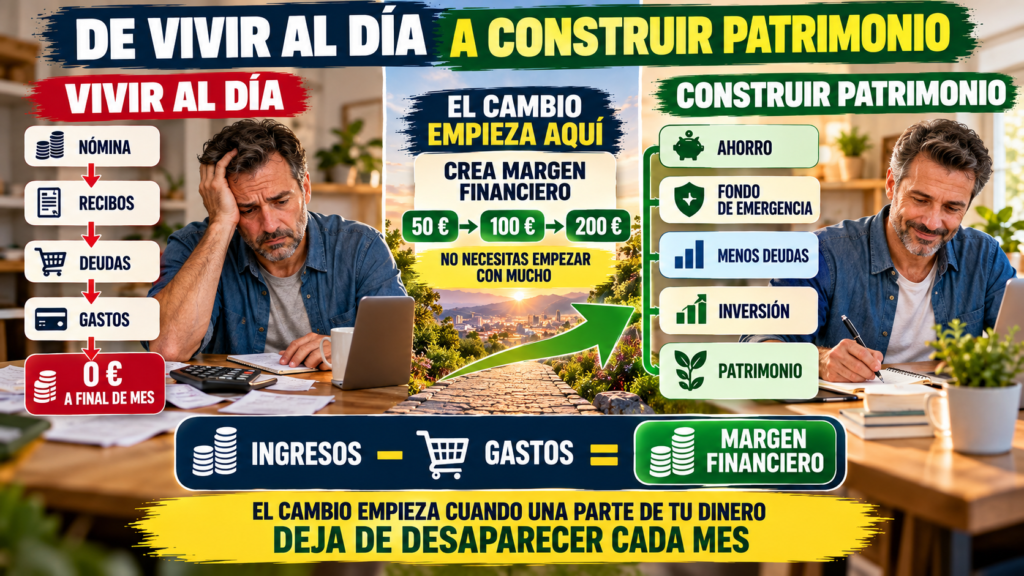 Infografía que muestra cómo pasar de vivir al día a crear margen financiero, ahorrar, reducir deudas e iniciar la construcción de patrimonio.