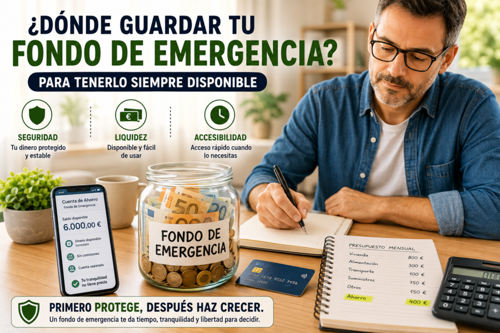 Persona revisando un fondo de emergencia guardado de forma segura, líquida y disponible.