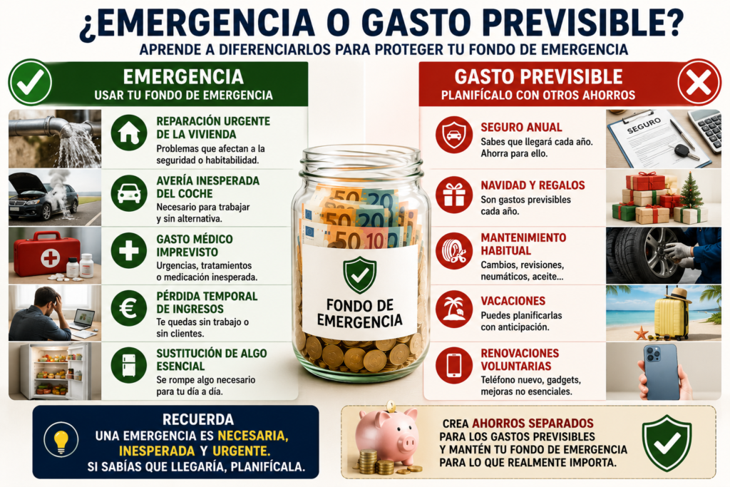 Comparación entre gastos que pueden justificar utilizar el fondo de emergencia y gastos previsibles que deberían planificarse.