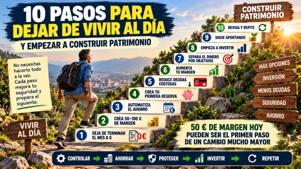 Infografía con diez pasos para dejar de vivir al día y avanzar desde el ahorro inicial hasta la construcción de patrimonio.