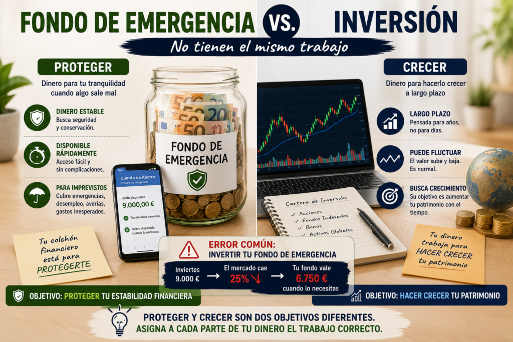 Comparación entre un fondo de emergencia líquido y seguro y una inversión destinada al crecimiento a largo plazo.