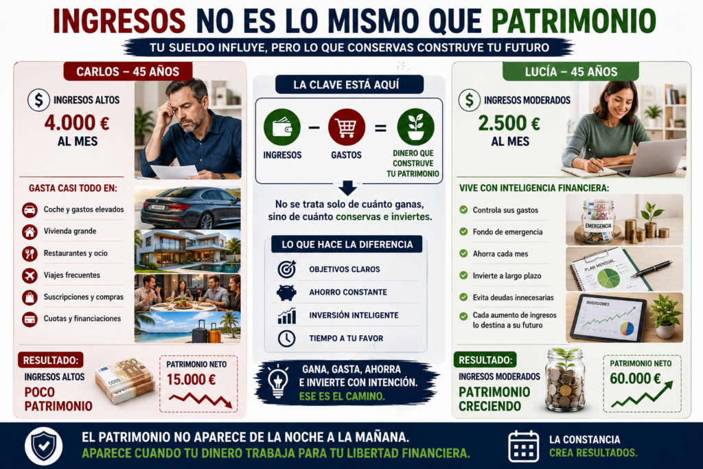 Cumples 40 años.
O 45.
Quizá 50.
Miras tu cuenta bancaria y haces una especie de balance silencioso.
Has trabajado durante muchos años. Has cobrado decenas o incluso cientos de nóminas. Has pagado alquileres, hipotecas, coches, seguros, vacaciones, recibos y miles de pequeñas compras que ya ni recuerdas.
Pero entonces aparece una pregunta incómoda:
“¿Qué patrimonio he construido después de todos estos años?”
Y quizá la respuesta no sea la que esperabas.
Puede que tengas algunos ahorros, pero muy pocos.
Quizá todavía tengas deudas.
Puede que nunca hayas invertido.
O incluso puedes sentir que has empezado demasiado tarde.
Ese pensamiento es peligroso.
Porque una persona de 45 años que piensa que ya es demasiado tarde puede llegar a los 55 sin haber empezado.
Y entonces sí habrá perdido otros diez años.
Construir patrimonio después de los 40 no consiste en intentar recuperar desesperadamente todo el tiempo pasado.
Consiste en utilizar mejor el tiempo que todavía tienes.
Y probablemente tengas más del que imaginas.
¿Es demasiado tarde para construir patrimonio después de los 40?
No.
Pero hay que reconocer una realidad.
No es lo mismo empezar a los 25 que empezar a los 45.
Una persona que comienza muy joven dispone de más tiempo para ahorrar, invertir y aprovechar el crecimiento acumulado de su dinero.
Eso es una ventaja.
Pero empezar después de los 40 también puede ofrecer algunas ventajas que normalmente olvidamos.
Probablemente conoces mejor tus gastos.
Es posible que tus ingresos sean mayores que cuando tenías 25 años.
Quizá ya hayas cometido suficientes errores financieros como para saber cuáles no quieres repetir.
Y, sobre todo, puedes tener una visión mucho más clara de lo que quieres conseguir durante los próximos 15, 20 o 25 años.
El mayor peligro no es haber empezado tarde.
Es utilizar el hecho de haber empezado tarde como excusa para no empezar nunca.

Tu primera misión no es invertir: es conocer tu situación actual
Cuando alguien decide construir patrimonio, suele pensar inmediatamente en inversiones.
Fondos.
Acciones.
Bitcoin.
Inmuebles.
Pero antes de decidir dónde colocar tu dinero necesitas saber desde dónde partes.
Haz una fotografía de tu situación financiera.
Anota:
cuánto dinero tienes en cuentas;
cuánto tienes ahorrado;
qué inversiones posees;
qué deudas mantienes;
cuánto debes de hipoteca;
qué otros activos tienes;
y cuáles son tus gastos esenciales mensuales.
No necesitas un programa sofisticado.
Una hoja de cálculo, un cuaderno o incluso una hoja de papel pueden ser suficientes.
Lo importante es dejar de trabajar con sensaciones.
“No tengo casi nada.”
“Debo bastante.”
“Creo que gasto demasiado.”
Eso no sirve para construir una estrategia.
Necesitas números.

Calcula tu patrimonio neto
Existe una cifra sencilla que puede ayudarte a entender tu situación:
tu patrimonio neto.
De forma simplificada:
Patrimonio neto = activos − deudas.
Imagina que tienes:
10.000 euros en ahorros.
5.000 euros en inversiones.
Un coche con un valor aproximado de 10.000 euros.
Y otros activos por valor de 5.000 euros.
Total de activos:
30.000 euros.
Pero también tienes:
8.000 euros de préstamo.
4.000 euros de otras deudas.
Total:
12.000 euros.
Tu patrimonio neto aproximado sería:
30.000 − 12.000 = 18.000 euros.
No necesitas obsesionarte con calcular hasta el último objeto que tienes en casa.
La finalidad es disponer de una referencia que puedas seguir a lo largo del tiempo.
Si hoy tu patrimonio neto es de 18.000 euros y dentro de un año es de 25.000, estás avanzando.
Aunque tu sueldo no haya cambiado.

No confundas ingresos con patrimonio
Este es uno de los errores financieros más importantes.
Ganar mucho dinero no significa necesariamente tener mucho patrimonio.
Imagina dos personas de 45 años.
Carlos gana 4.000 euros al mes.
Tiene un coche caro, una vivienda grande, varias suscripciones, viajes frecuentes y un nivel de vida elevado.
Pero apenas ahorra.
Lucía gana 2.500 euros.
Conduce un coche normal.
Controla sus gastos.
Tiene un fondo de emergencia.
Invierte todos los meses.
Y ha conseguido acumular 60.000 euros entre ahorro e inversiones.
¿Quién está construyendo más patrimonio?
La respuesta no depende únicamente del sueldo.
El patrimonio aparece cuando una parte de lo que ganas permanece contigo y empieza a trabajar para tu futuro.
Puedes ganar 5.000 euros y gastar 5.000.
Después de diez años habrás movido muchísimo dinero.
Pero eso no significa que lo hayas conservado.