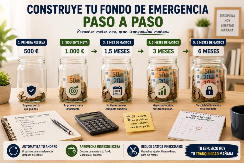 Progresión de un fondo de emergencia desde los primeros 500 euros hasta seis meses de gastos esenciales.