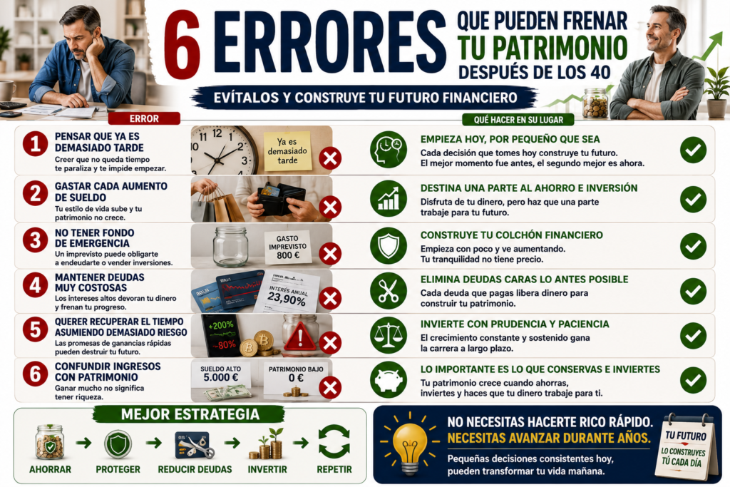 Hoja de ruta para construir patrimonio después de los 40 mediante ahorro, eliminación de deudas, inversión y aumento de ingresos.