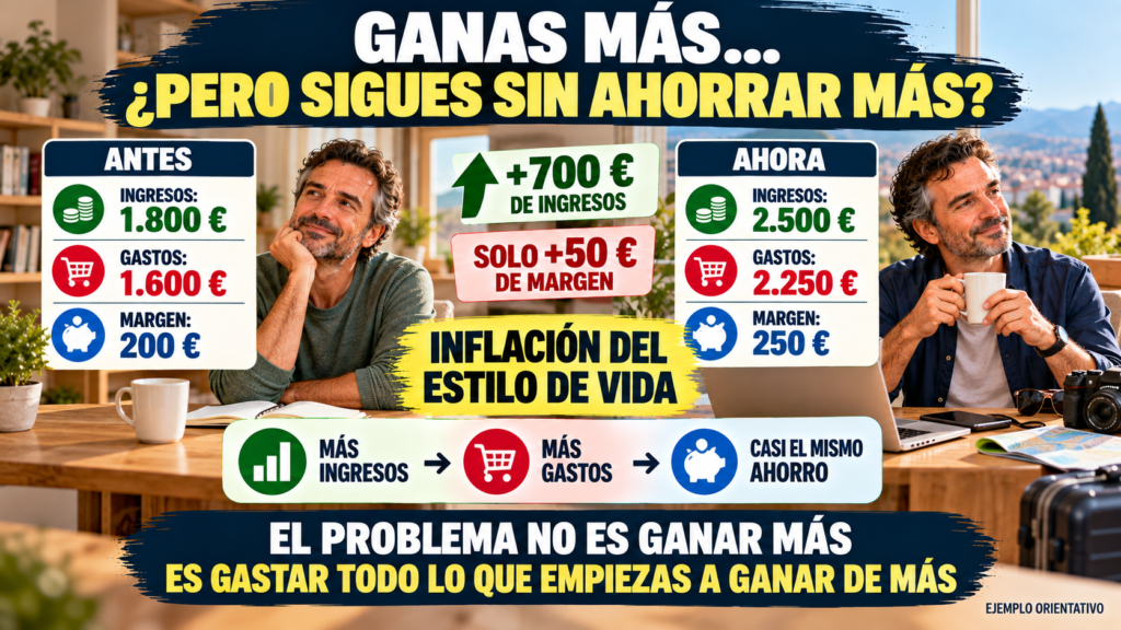 Infografía que muestra cómo pequeños gastos mensuales pueden absorber completamente un aumento de sueldo de 300 euros.