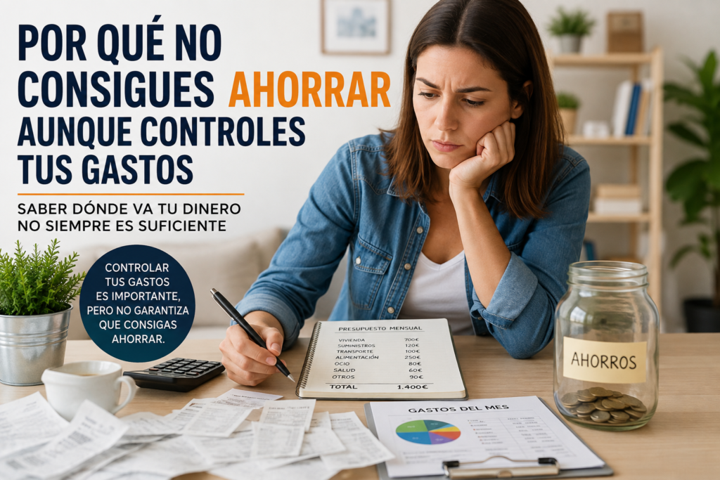 Persona revisando sus gastos mensuales mientras intenta descubrir por qué no consigue ahorrar dinero.