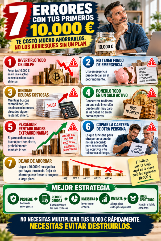 Hoja de ruta desde los primeros 10.000 euros ahorrados hacia la construcción de patrimonio mediante ahorro, inversión e ingresos.