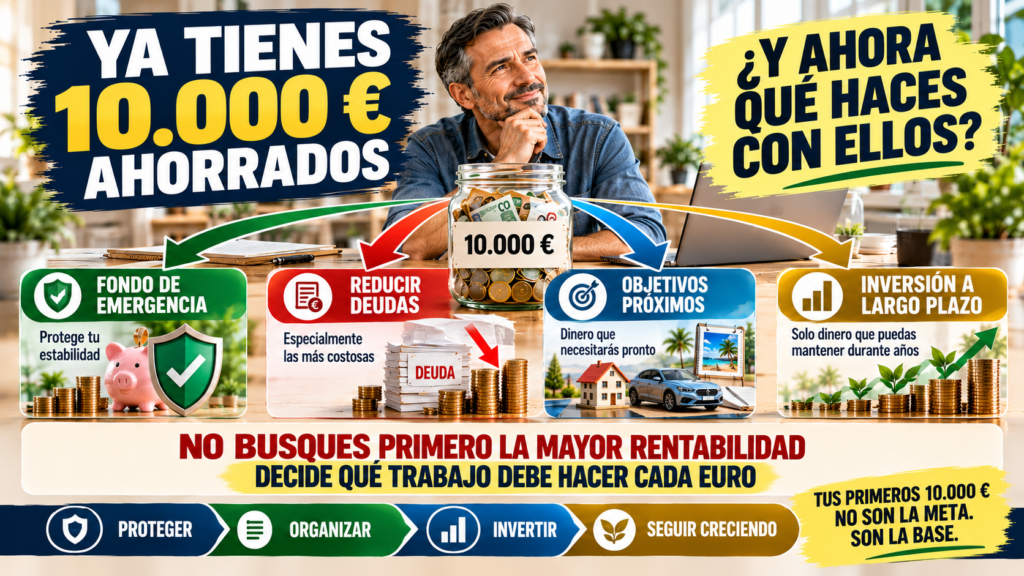 Persona organizando sus primeros 10.000 euros ahorrados entre fondo de emergencia, deudas, objetivos e inversión.
