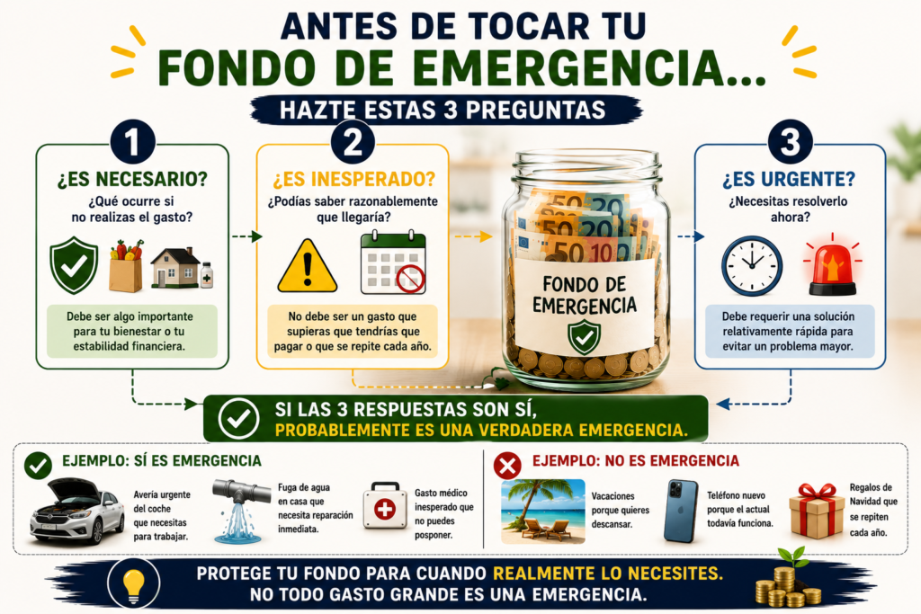 Tres preguntas para decidir si un gasto debe pagarse con el fondo de emergencia: necesario, inesperado y urgente.