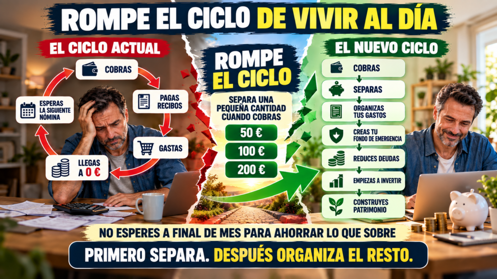 Infografía que compara el ciclo de cobrar y terminar el mes sin dinero con un nuevo sistema basado en ahorrar antes de gastar.
