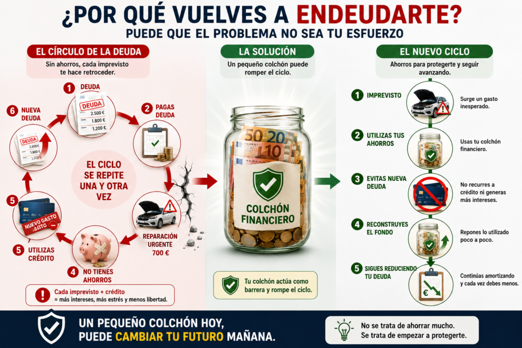 Infografía sobre cómo un fondo de emergencia puede evitar que un gasto inesperado provoque una nueva deuda.