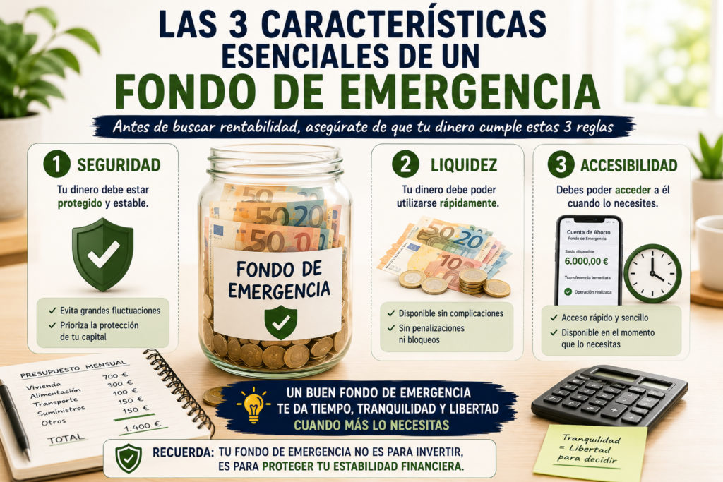 Tres características esenciales de un fondo de emergencia: seguridad, liquidez y accesibilidad.