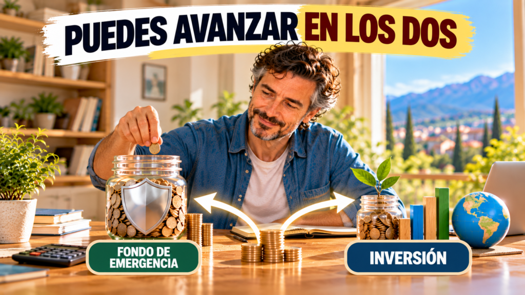 Persona repartiendo su capacidad de ahorro entre aumentar el fondo de emergencia y comenzar una inversión a largo plazo.